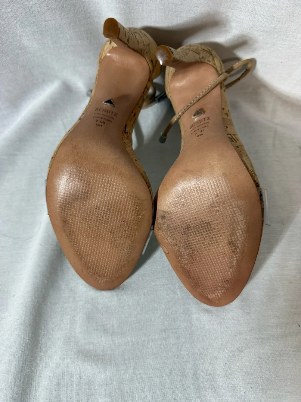 Schutz Tan Cork Ankle-Tie Stiletto Sandals with Clear Strap Size 7.5